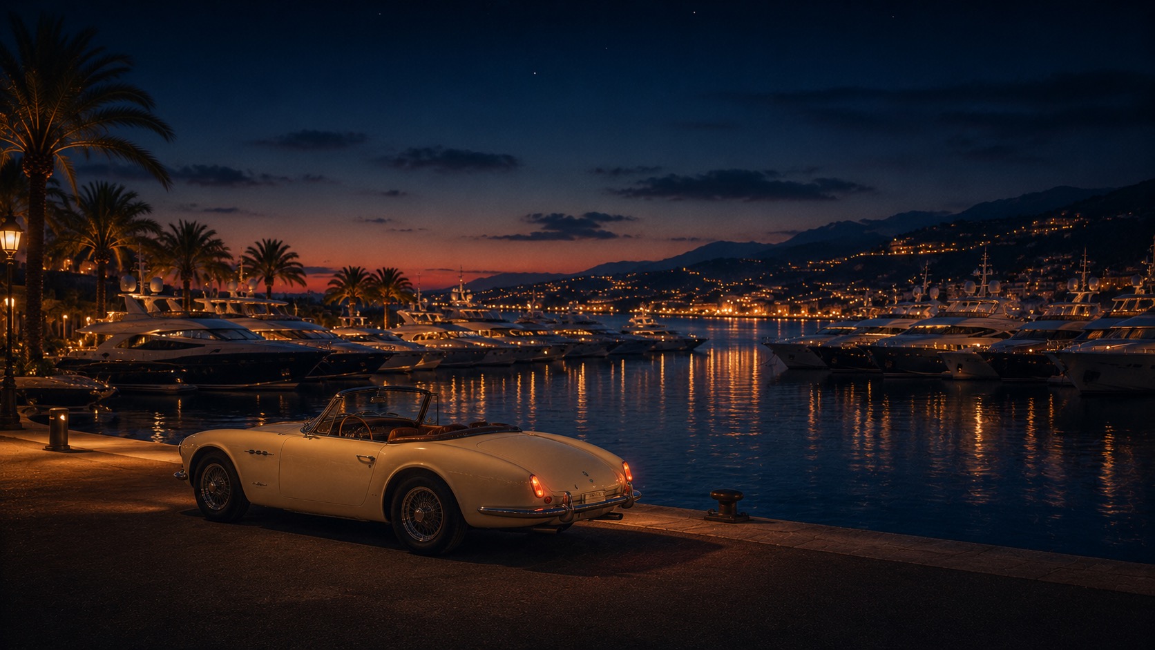 A moonlit Mediterranean harbor at night, yacht masts reflected in still dark water, the vintage car parked at the quayside