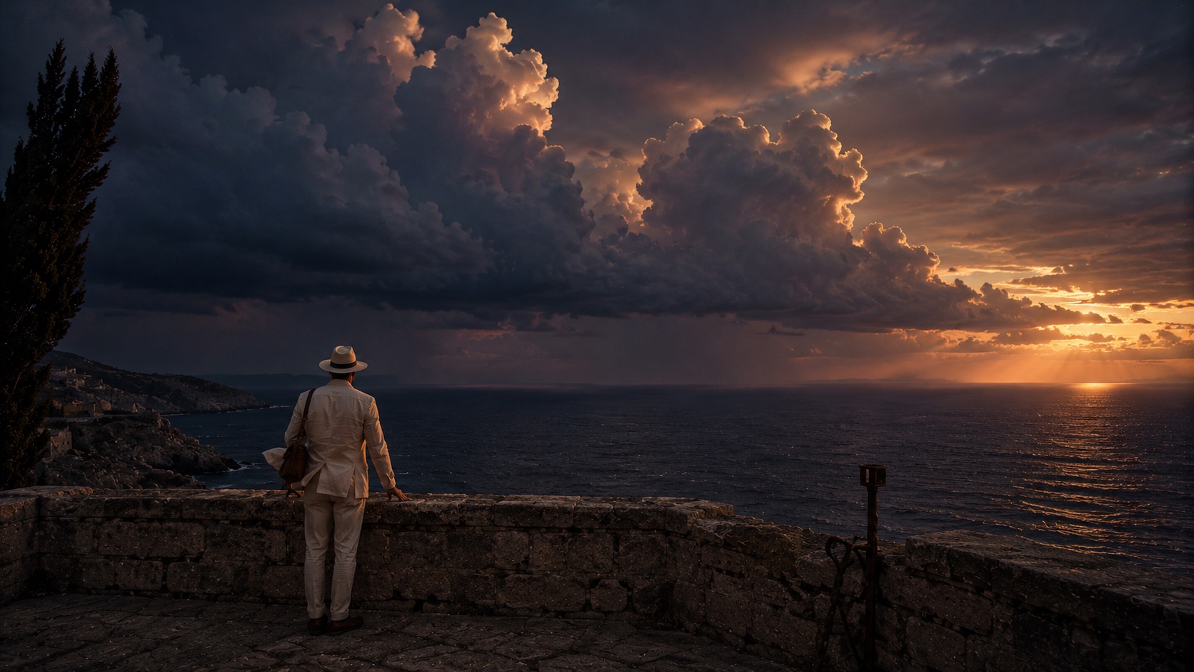 Dramatic Mediterranean landscape at dusk — a lone figure surveys the horizon from a coastal vantage point