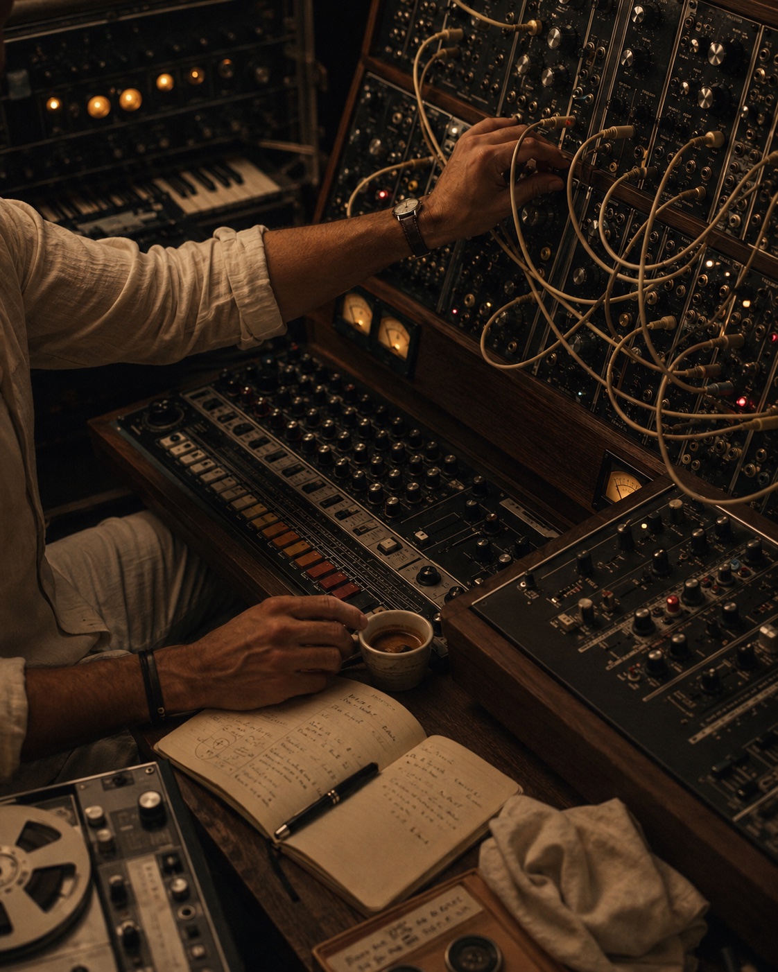 Hands at an electronic music console — the craft of production in motion, details in amber studio light