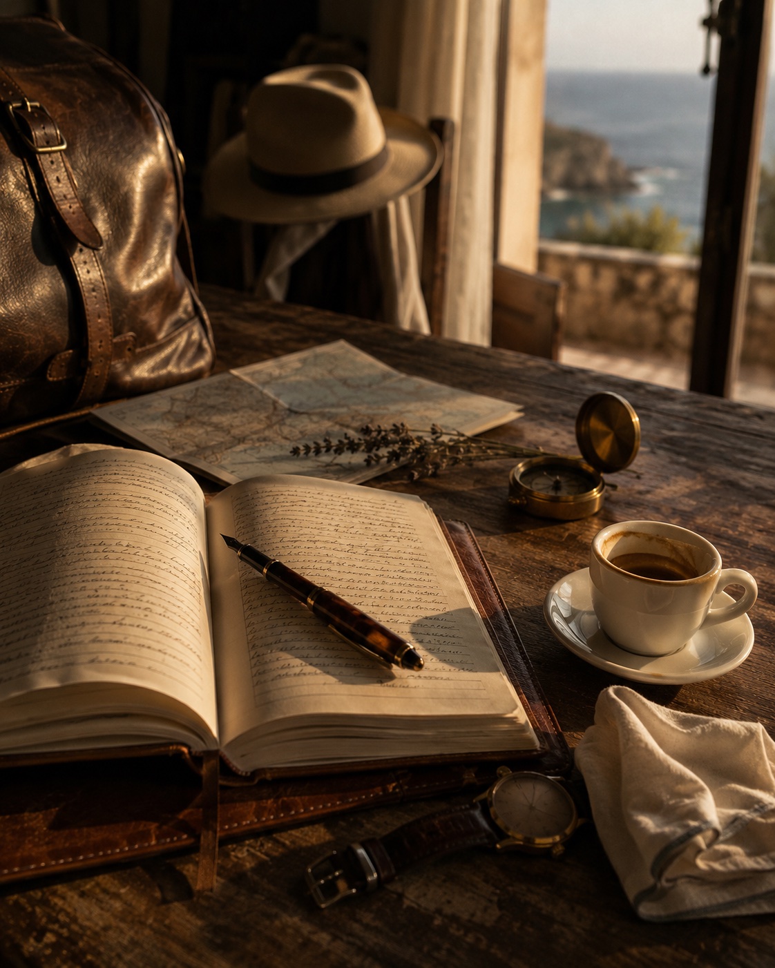A leather journal, fountain pen, and espresso on a sunlit surface — the objects of a life lived between cities