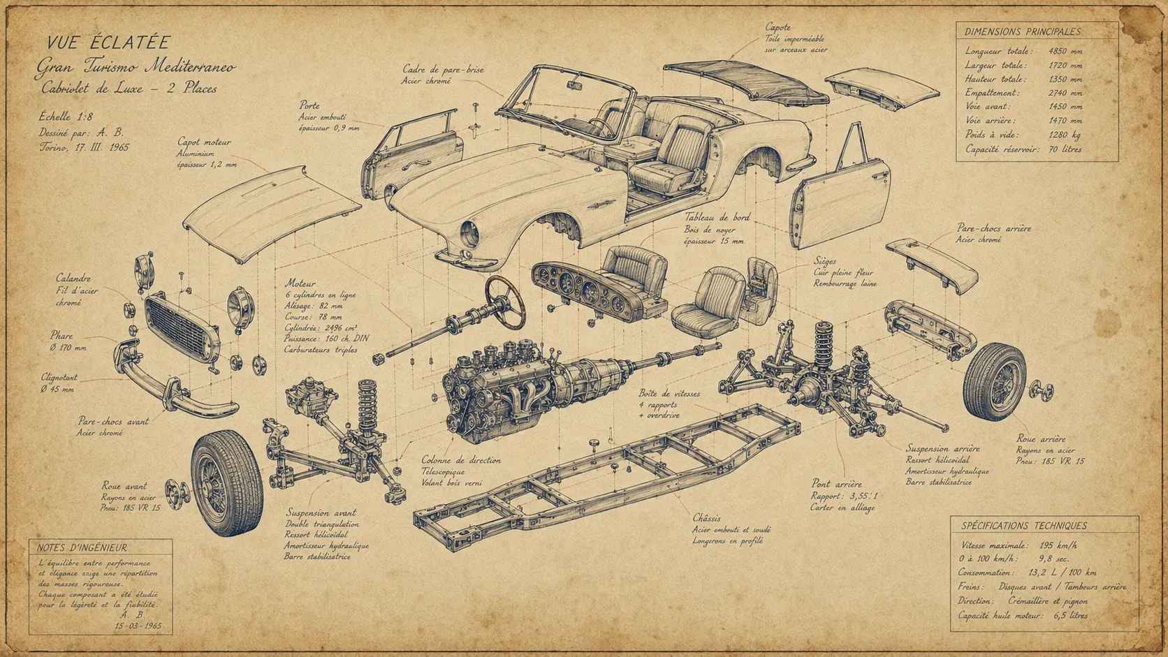 Exploded view engineering blueprint of Refika — Grand Tourisme coachwork study with French labels